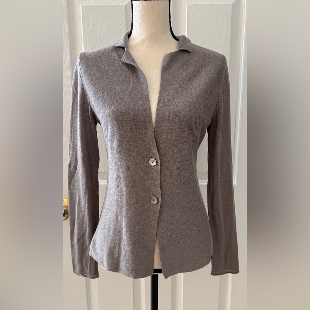 Eileen Fisher Gray/Beige Button Cardigan Linen Blend Pockets Petite P Mushroom
